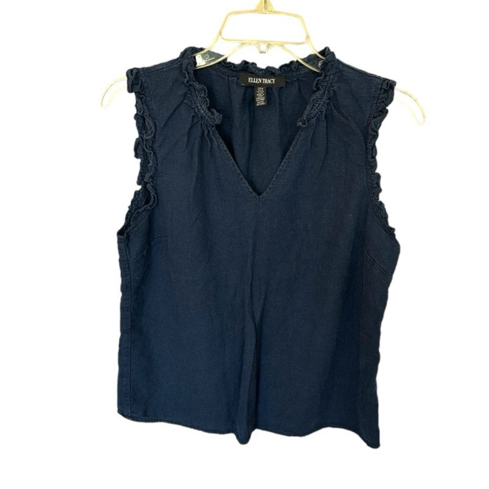 Ellen Tracy Linen Viscose Navy Blue Sleeveless Blouse Tank Top Ruffled Medium